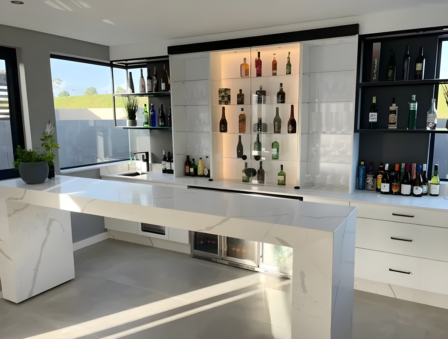 An illuminated custom bar with marble back panel, stocked bottle display and floating quartz counter